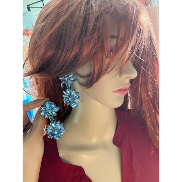 blue rhinestone earrings baby blue statement long big large crystal earrings - Picture 4 of 9